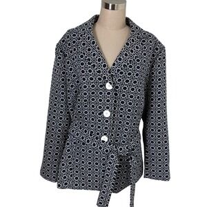 Le Suit Woman Geometric Print Blazer Jacket Navy White Belted Size 22W